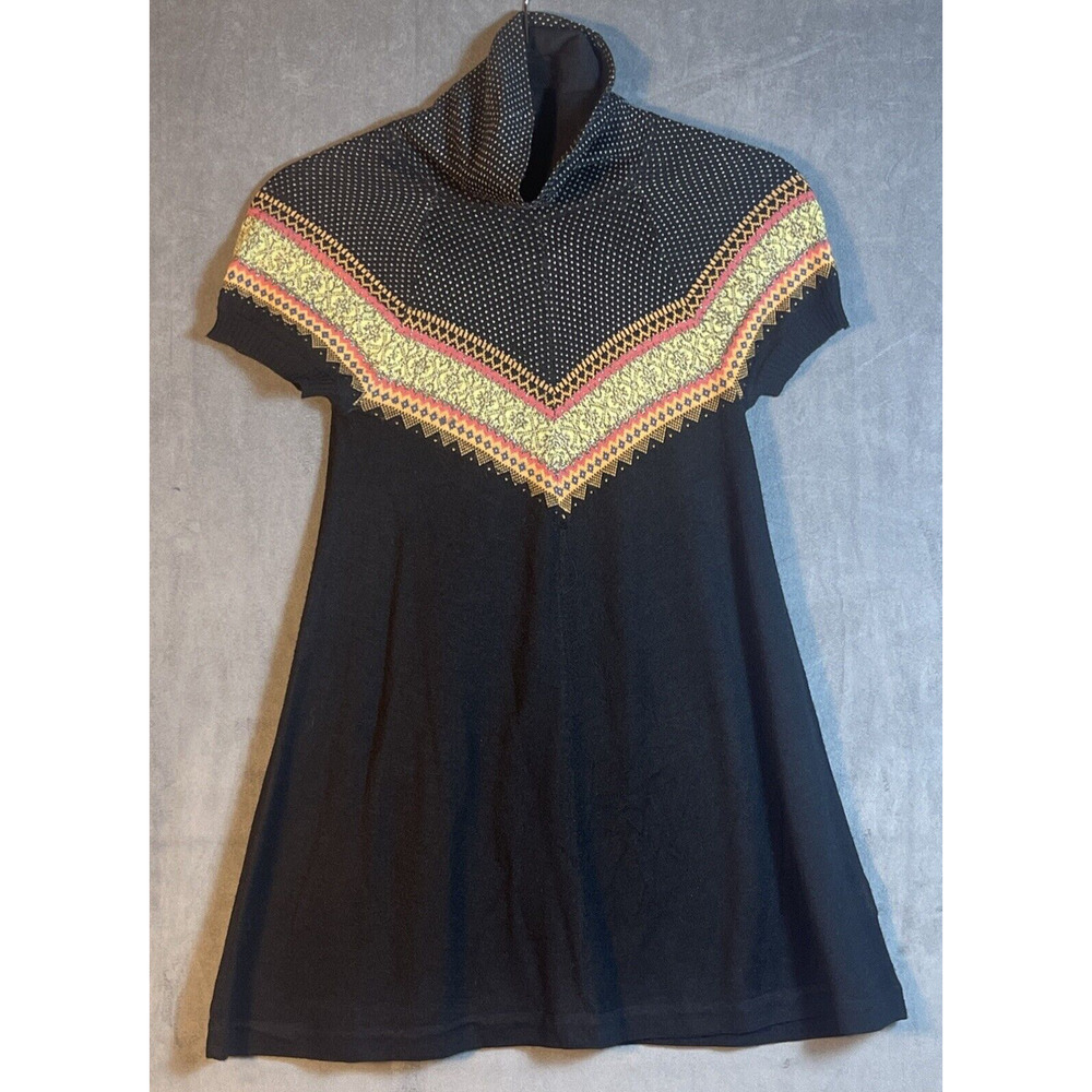 Free People Black Boho Pattern A-Line Short Sleeve Turtle Neck‎ Sweater Sz XS